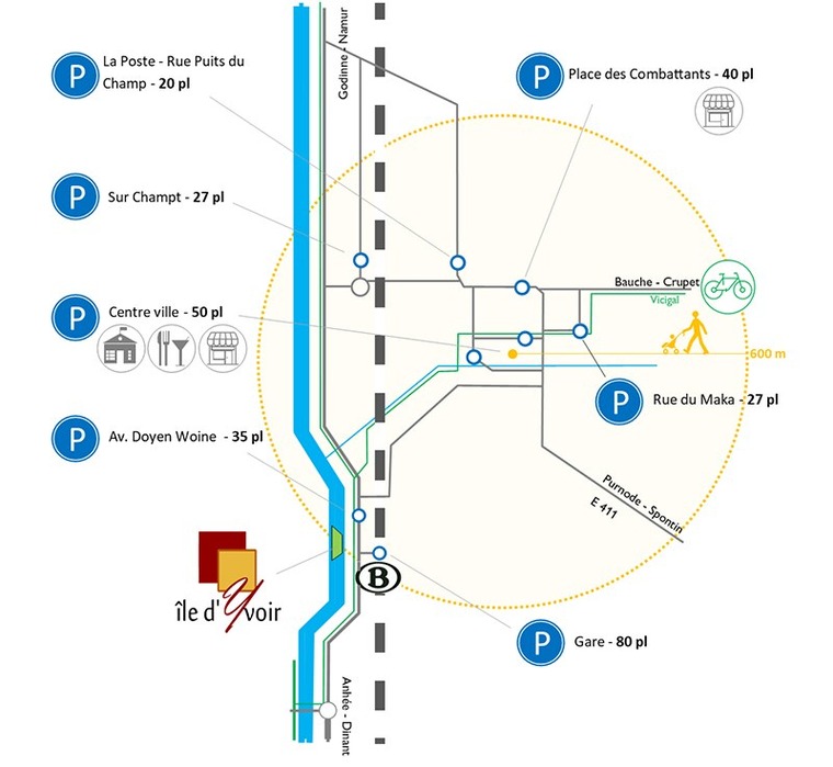 Carte des parkings d'Yvoir centre